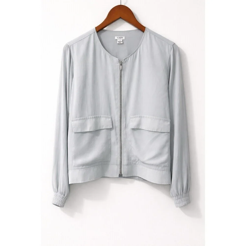 J.Crew Light Gray Cropped Zip Blouse Utility Chic Size M, Minimalist
